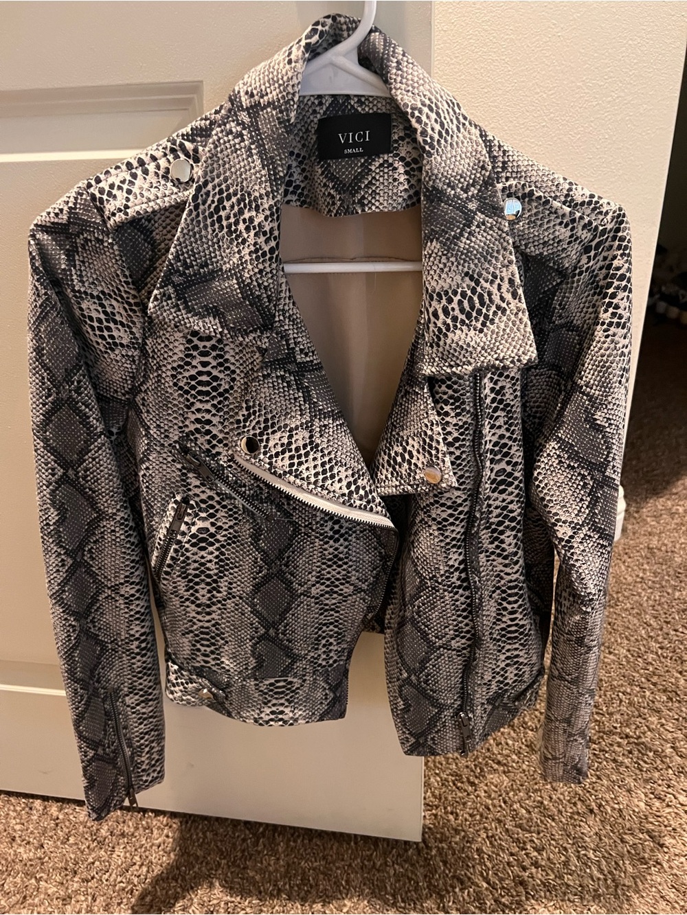 VICI Gray & Black Snake-Print Faux Leather Moto Jacket